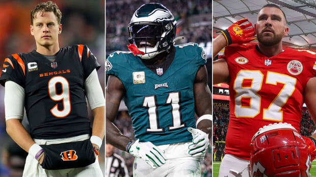 Separate photos of Joe Burrow, A.J. Brown and Travis Kelce during the 2023 season